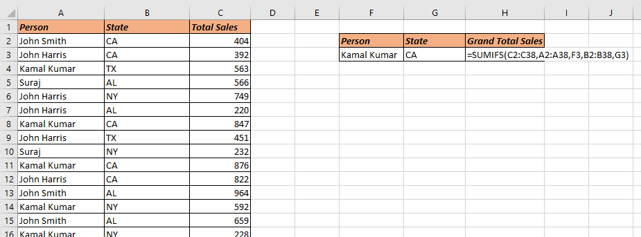 sumifs formula in excel