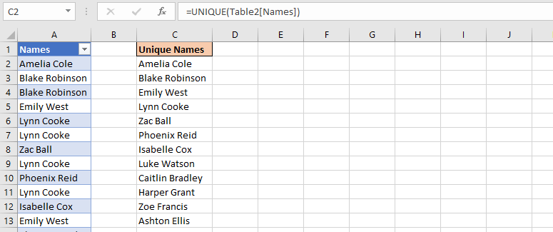 UNIQUE-FORMULA-IN-EXCEL