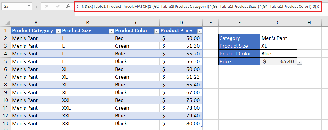 Index Formula With Match