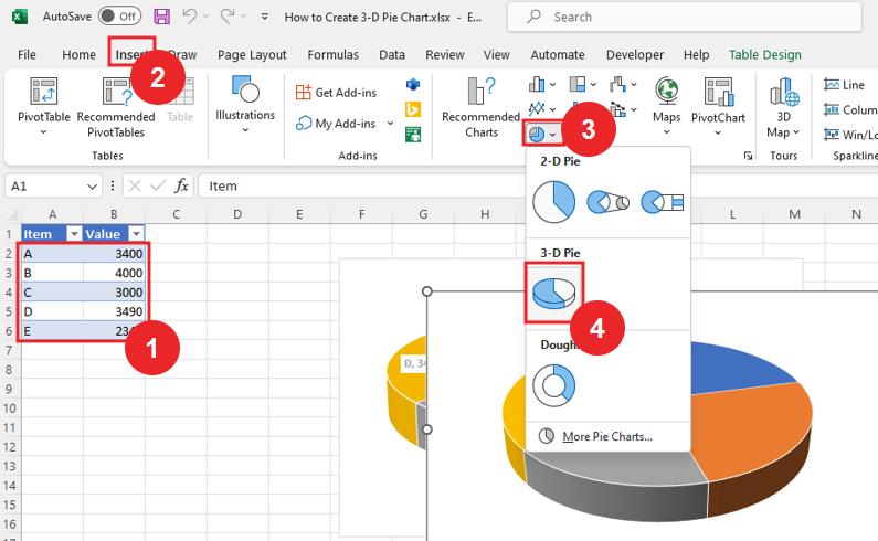 Create 3-d Pie chart in excel2